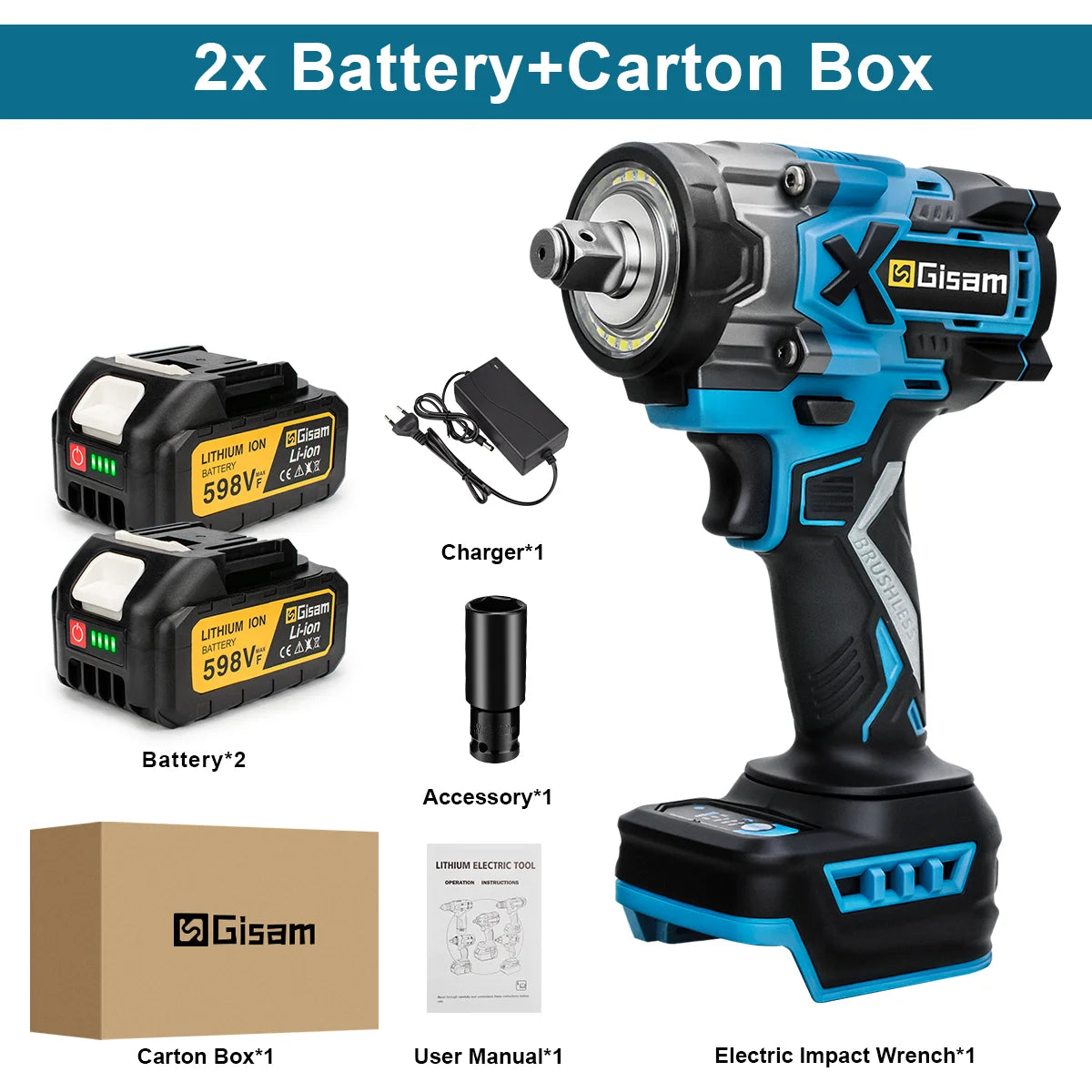 Gisam 900N.M Borstelloze Elektrische Slagmoersleutel 1/2" Accu High-Torque Moersleutel Boormachine Schroevendraaier Gereedschap voor Makita Accu Pin