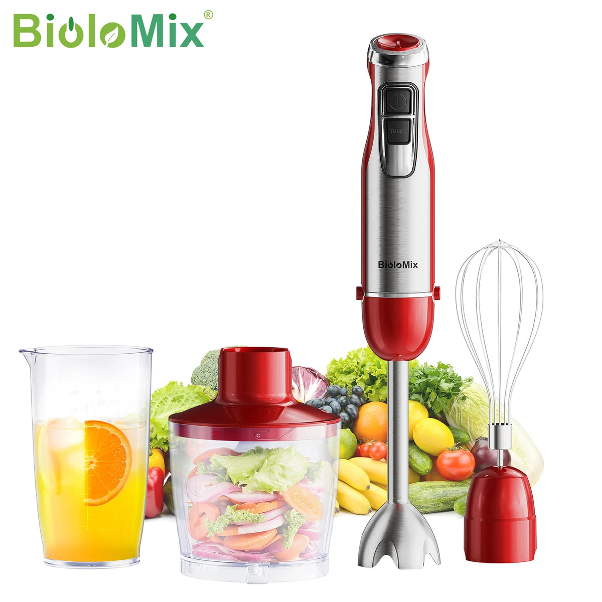 BioloMix Professionele 4-in-1 Staafmixerset - 1200W Krachtige Handmixer met Roestvrijstalen IJsmessen, Inclusief Hakmolen