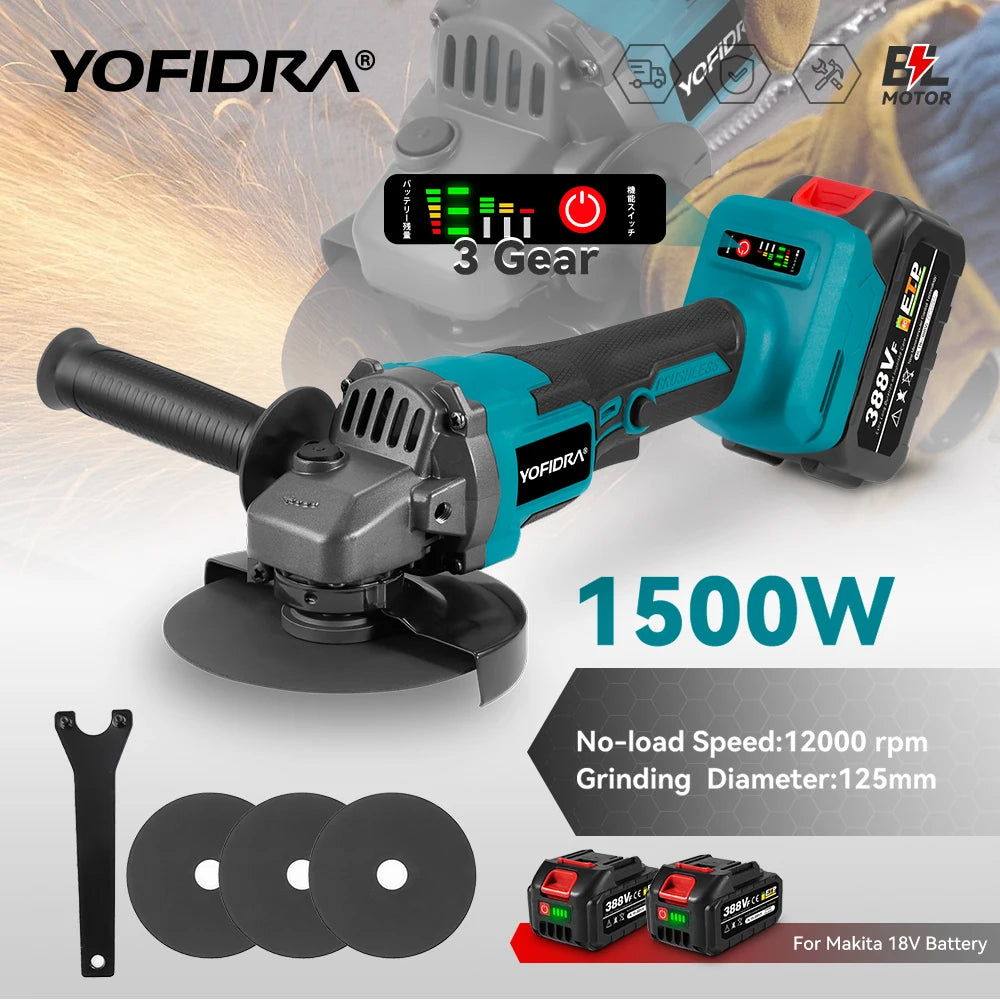 YOFIDRA 125mm Brushless Angle Grinder 12000RPM Cordless Cutting Polishing Power Tool With 3 Saw Blades For Makita Battery Pin