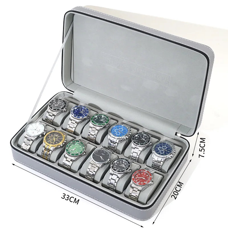 12/10/6 Slot Watch Organizer Box, Zippered Travel Case Luxury PU Leather Watch Storage Box,  Watch Collection Display Holder