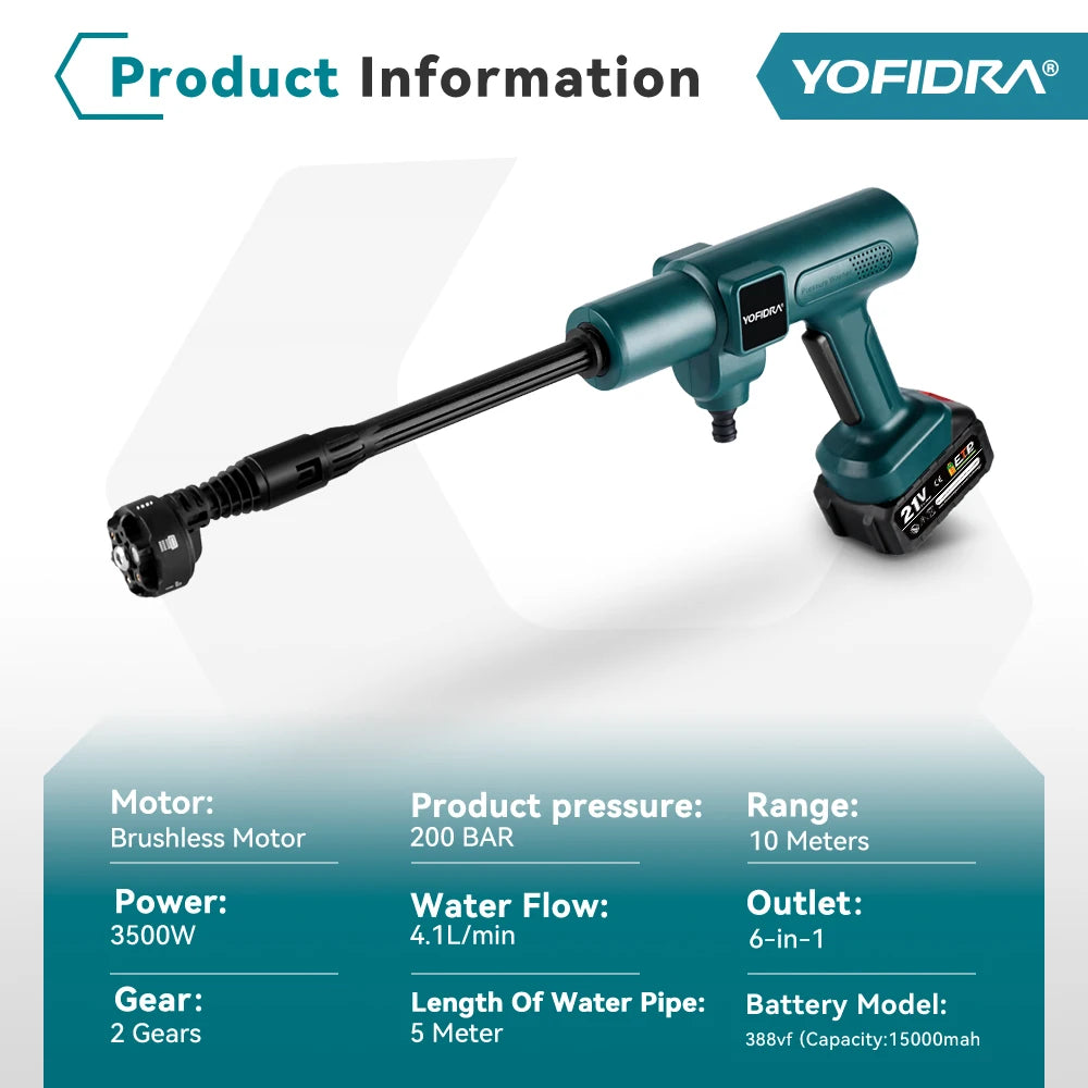 Pistolet nettoyeur haute pression sans balais 6 en 1 YOFIDRA 3500W, nettoyeur à eau à vitesse réglable, ensemble d'outils électriques pour batterie Makita