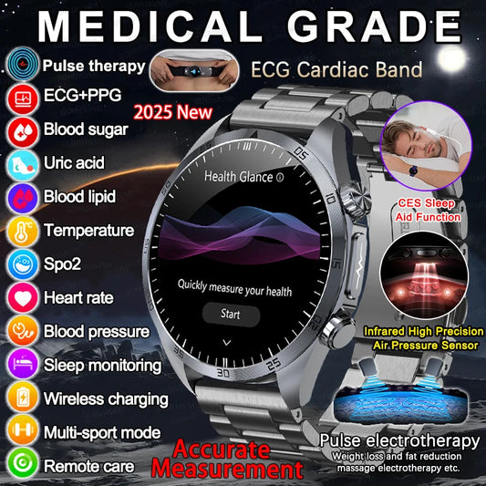 New Medical Grade PulseTherapy SmartWatch ECG Uric Acid Glu Blood Oxygen Heart Rate BP CES Sleep Health Monitor Men Smart Watch