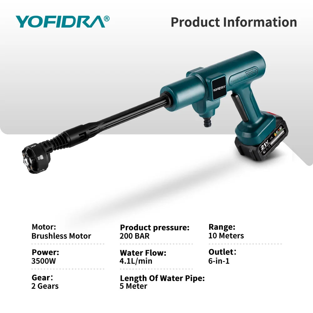 Pistolet nettoyeur haute pression électrique sans balais YOFIDRA 200 bars 3500W 6-en-1, outil de jardin pour lavage  de voiture compatible avec batterie Makita