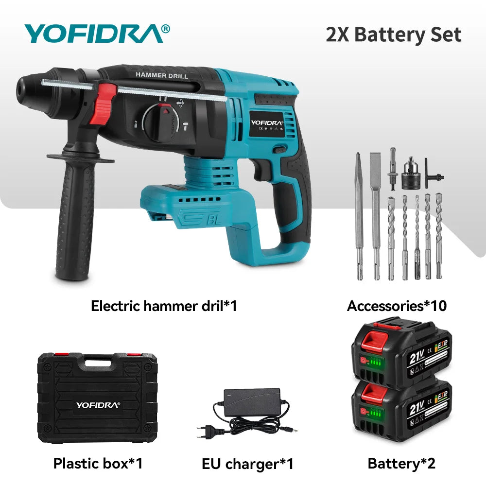 Perceuse à percussion sans fil YOFIDRA, marteau perforateur électrique sans balais 26 mm, ensemble d'outils électroportatifs pour le travail du bois, compatible avec batterie Makita 18V