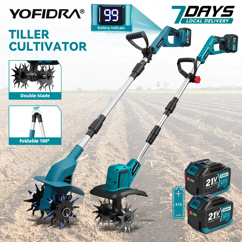 YOFIDRA Garden Electric Tiller Cultivator Portable Cordless Lawn Mower Grass Trimmer Soil Turning Power Tool for Makita 18-21V Battery Pin