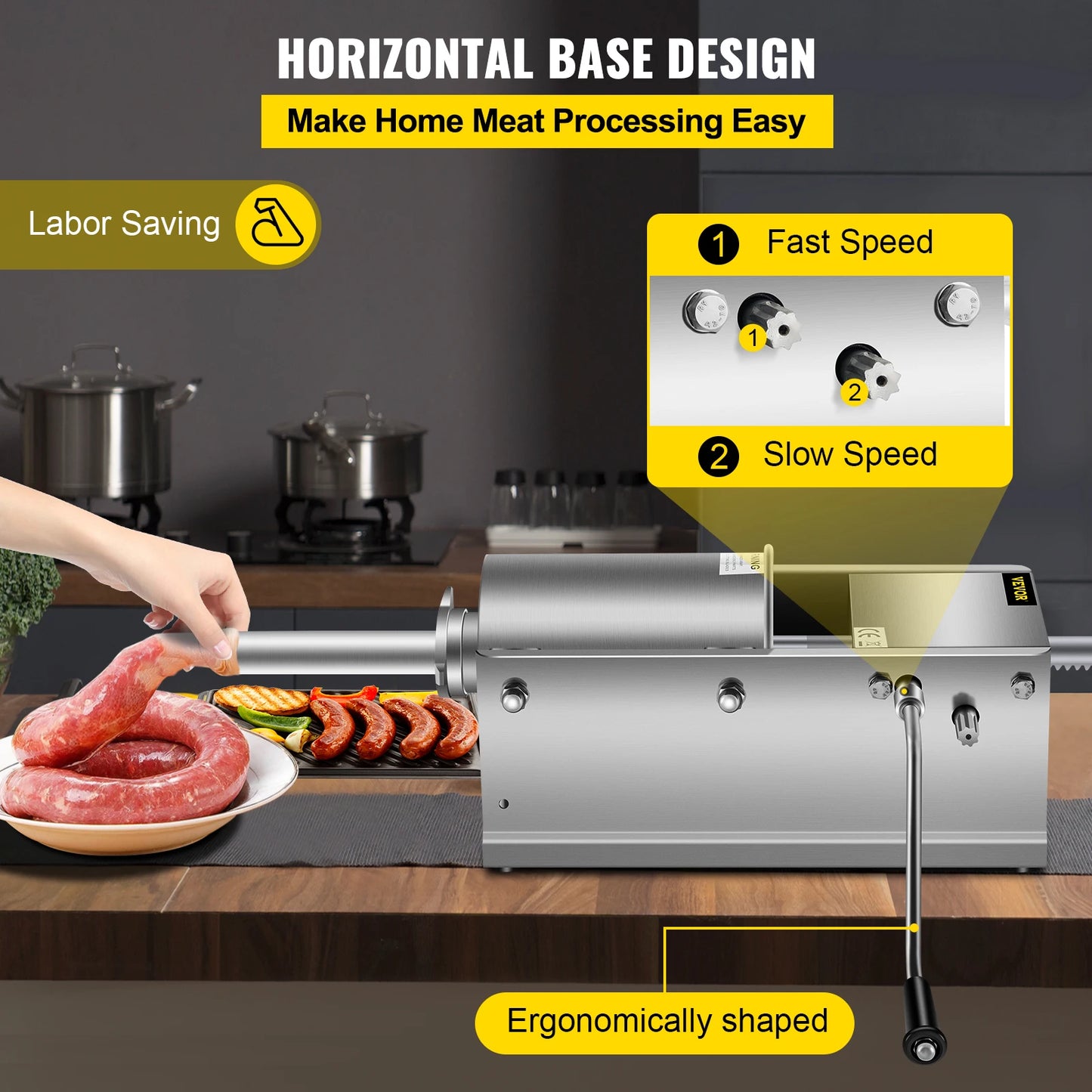 SucceBuy 3L Horizontal Sausage Stuffer Manual Sausage Maker Stainless Steel With 5 Filling Nozzles For Home & Commercial Use