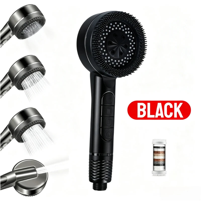 High Pressure Shower Head 4 Modes Handheld Body Brush Chlorine Removal Filter Large Flow Water Saving Showerhead for Bathroom