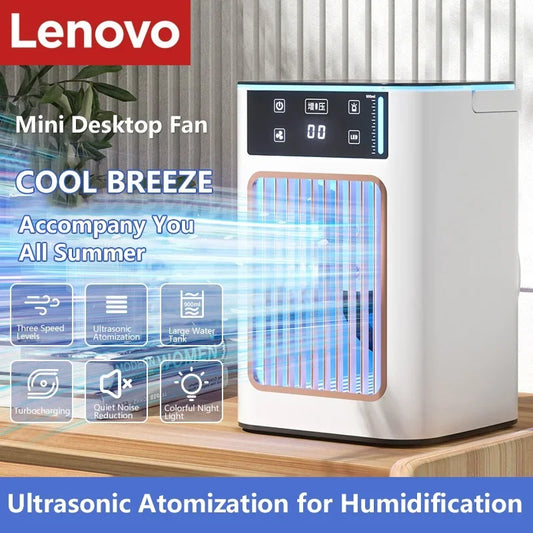 Lenovo New USB Air Cooler Portable Desktop Cooling Fan With Humidifier Dual Mist Spray Water Tank With Ice Box For Bedroom Home