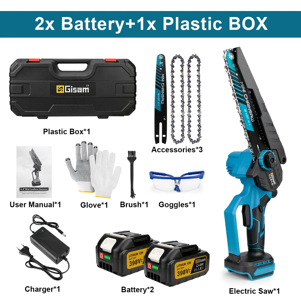 Gisam 8 inch borstelloze elektrische kettingzaag, snoerloze houtbewerkingskettingzaag, houtkapzaag, elektrisch gereedschap voor Makita 18V-batterijpinnen
