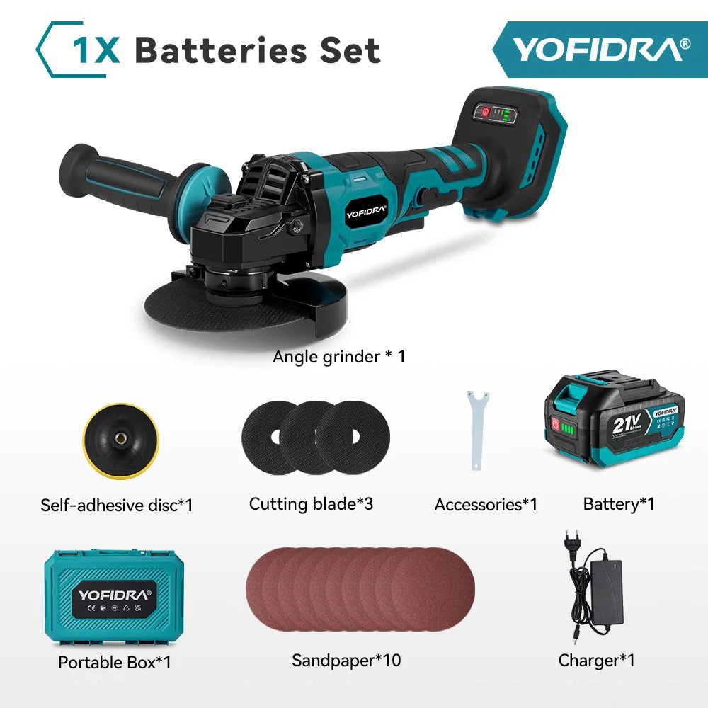 YOFIDRA 2in1 125mm Electric Brushless Angle Grinder 3Gears Woodworking Polisher Cutter Machine Power Tool For Makita Battery Pin