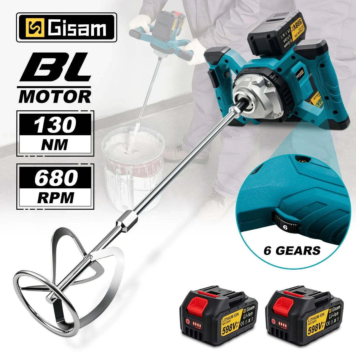 Gisam 6-versnellingen draadloze elektrische betonmixer, borstelloze cement-, mortel-, pleister- en verfmenger voor Makita 18V-accu