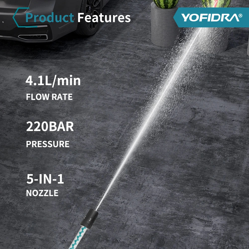 YOFIDRA 5IN1 220Bar Brushless Electric High Pressure Car Washer Gun Water Spray Gun Washing Power Tools For Makita Battery Pin