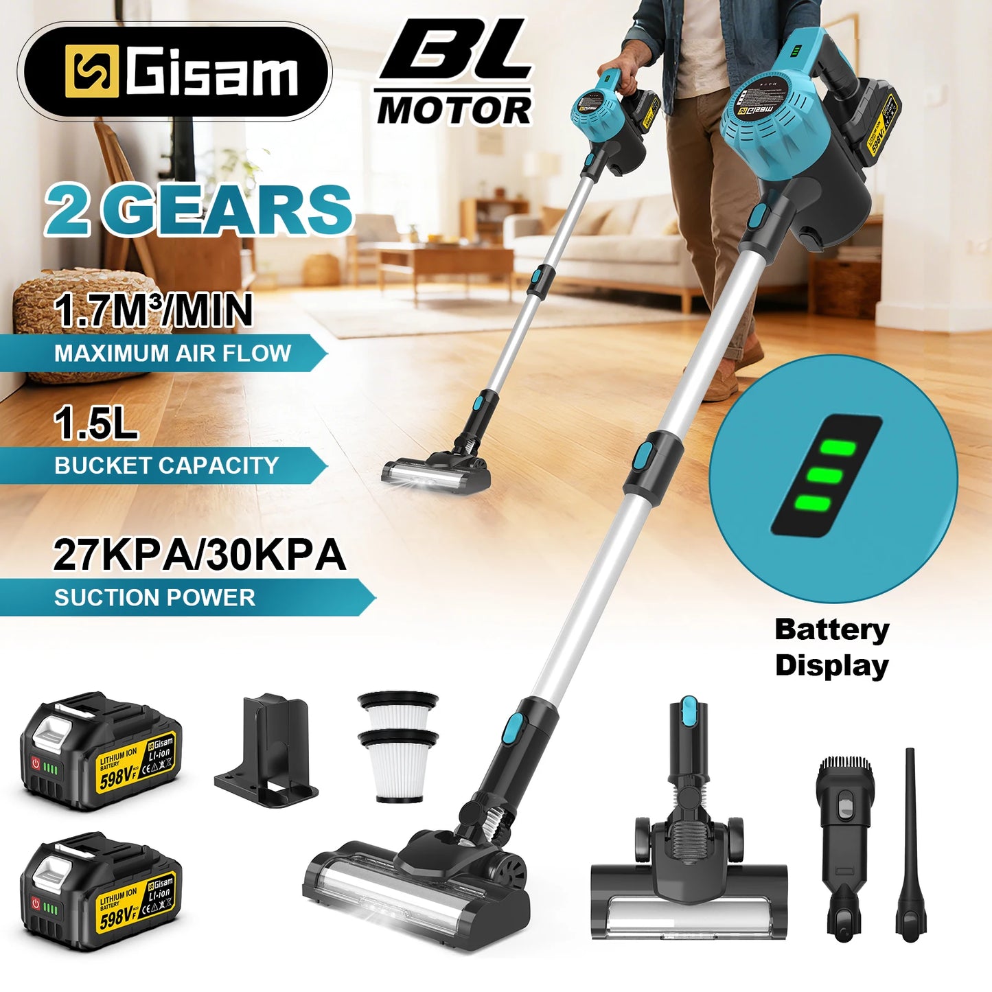 Gisam 30Kpa Brushles Electric Vacuum Cleaner 1.5L Portable Dust Suction Household Cleaning Power Tool For Makita 18V Battery Pin