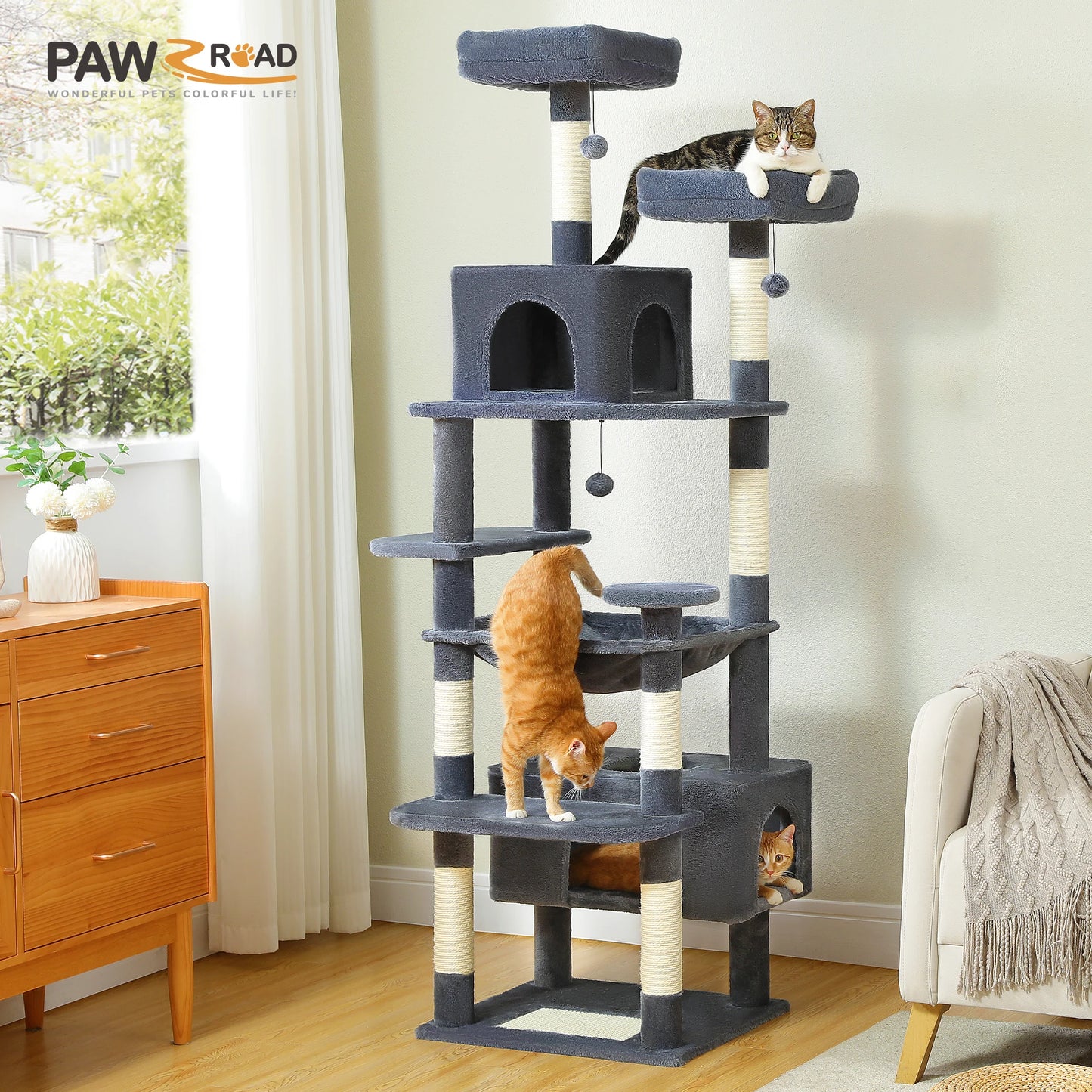 Multi-level gray cat tree with scratching posts, perches, and condos.