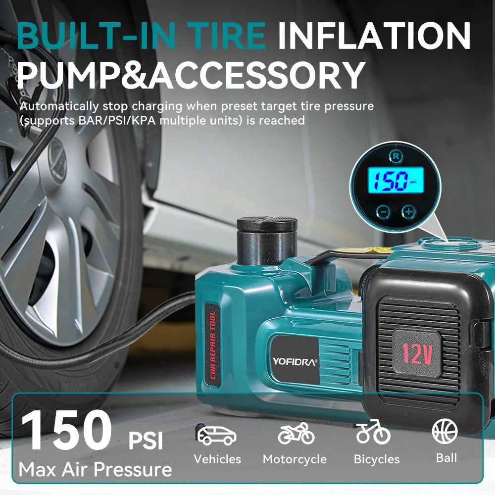 Cric hydraulique électrique YOFIDRA 150PSI 5T 12V avec éclairage LED pour changement de pneus de berline, SUV et camion, réparation en garage