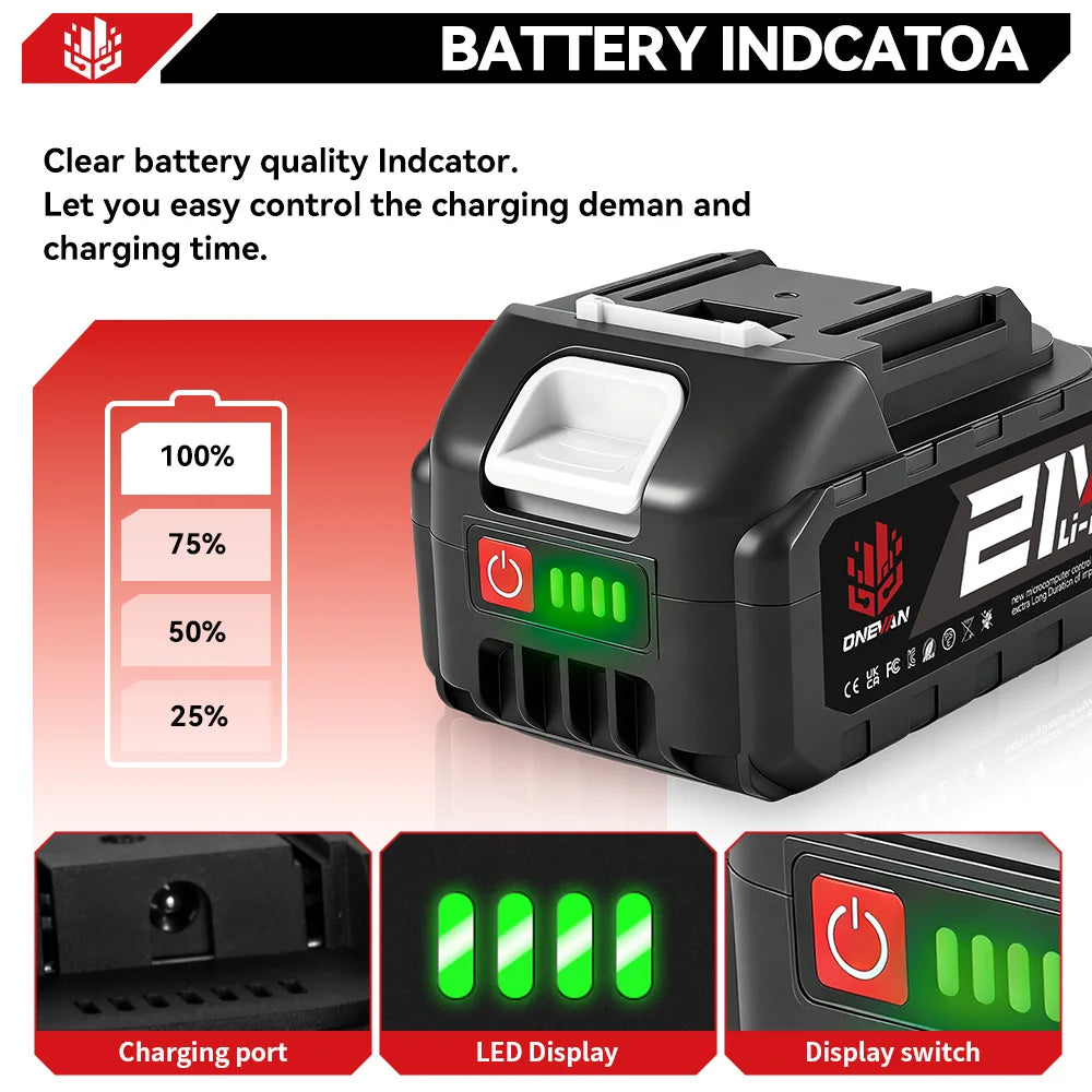 Batterie au lithium rechargeable ONEVAN 21V 22500mAh 15000mAh pour outils électriques sans fil, compatible avec les batteries Makita 18V