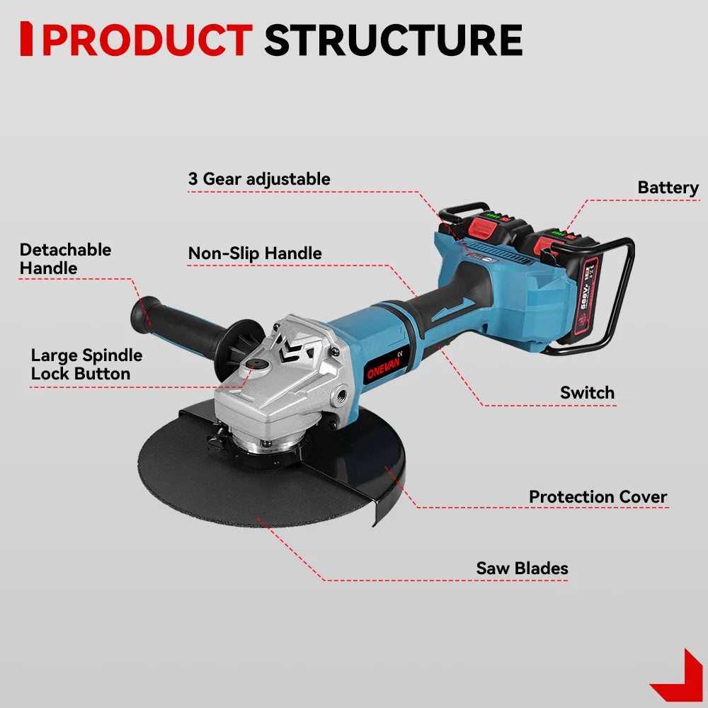 Meuleuse d'angle électrique sans balais ONEVAN 180 mm 5000 W M14, machine de découpe sans fil, outil de menuiserie pour batterie Makita 18 V