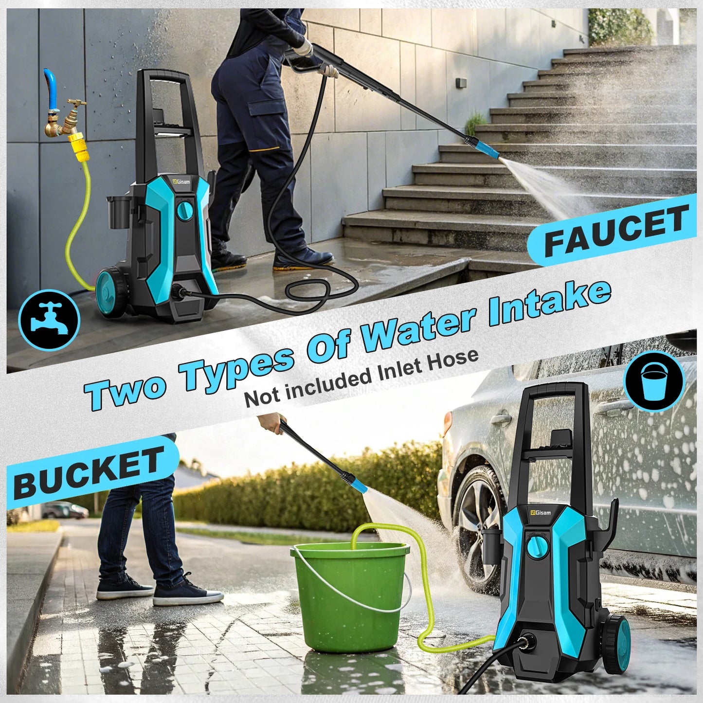Gisam 200Bar Electric High Pressure Washer 2900 PSI 2200W Car Washer Gun Garden Washing Water Wash Spray Gun with 8m Hose, Soap Bottle, 180° Adjustable Nozzle For Car Garden Clean
