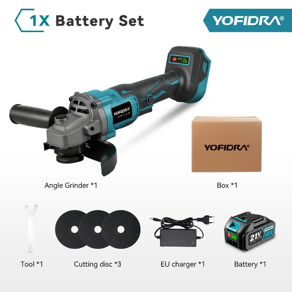YOFIDRA 125MM Brushless Electric Angle Grinder Cordless Metal Wood Grinding Polishing Cutting Power Tool for Makita 18-21V Battery Pin