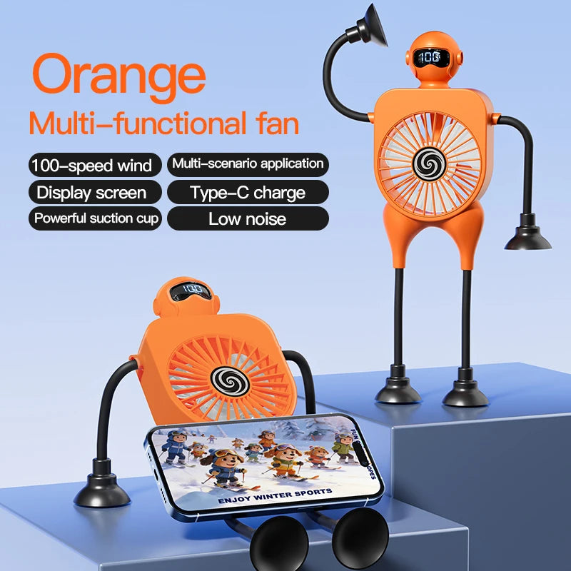Mini 2-in-1 USB Cartoon Fan with Suction Cup & Digital Display - Perfect Phone Holder for Desktop Fun!