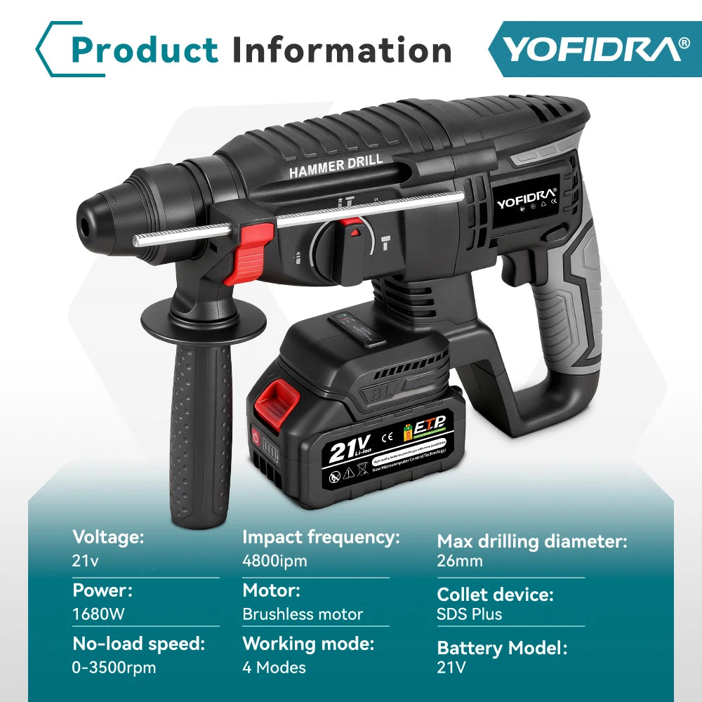 YOFIDRA 1680W Brushless Electric Hammer Cordless Multi-function Drilling Impact Drill Rotary Power Tool For 21V  18V Battery