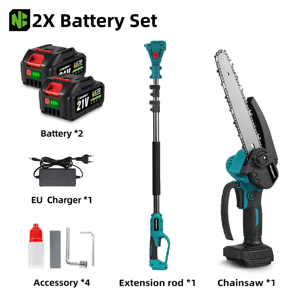 NEWBENY 8 inch elektrische kettingzaag telescopische steel 2-in-1 takkenzaag, tuingereedschap voor 18V 21V batterij-aansluiting