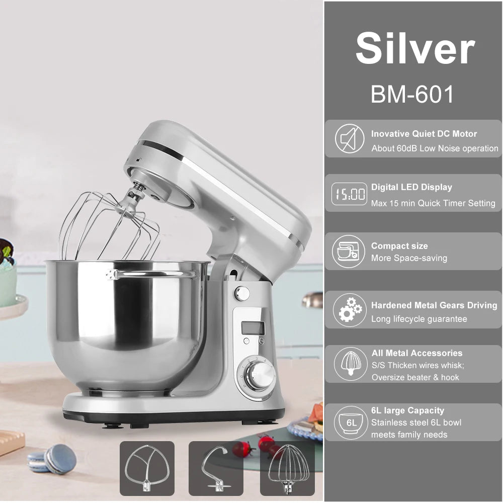 Robot pâtissier multifonction BioloMix 6 vitesses, moteur silencieux 1200W CC, bol en acier inoxydable de 6L avec fouet, batteur et crochet pétrisseur