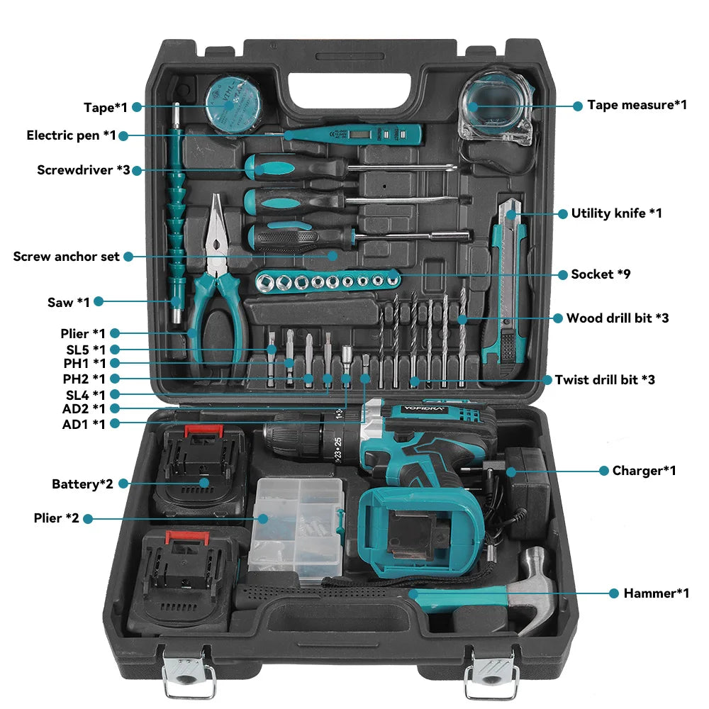 YOFIDRA 25+3 Torque Electric Impact Drill Cordless Multifunction Drill Screwdriver Home DIYPower Tool for Makita 21V Battery Pin