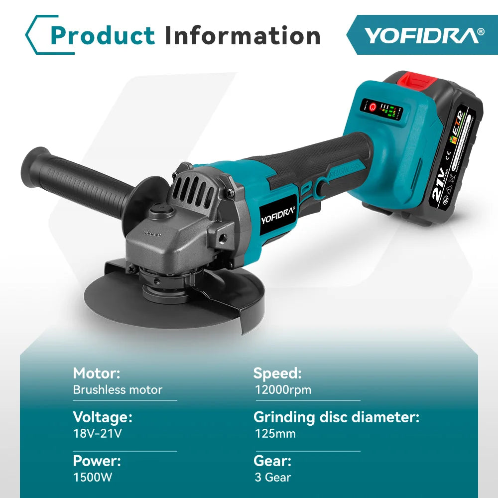 Meuleuse d'angle sans fil sans balais YOFIDRA 12000 tr/min 125 mm, outil électrique de découpe et de polissage avec 3 lames de scie pour batterie Makita 21 V