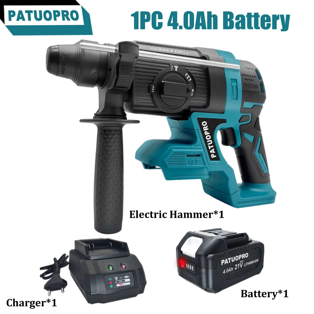 Marteau perforateur sans balais PATUOPRO 26 mm, 4 modes, SDS, rechargeable, outil électroportatif multifonction pour batterie Makita 18 V