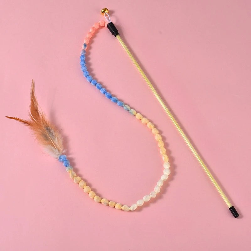 Lot de 3 jouets interactifs pour chat, canne à pêche arc-en-ciel pour chats et chatons d'intérieur, jouet teaser coloré avec ficelle, peluche et plumes