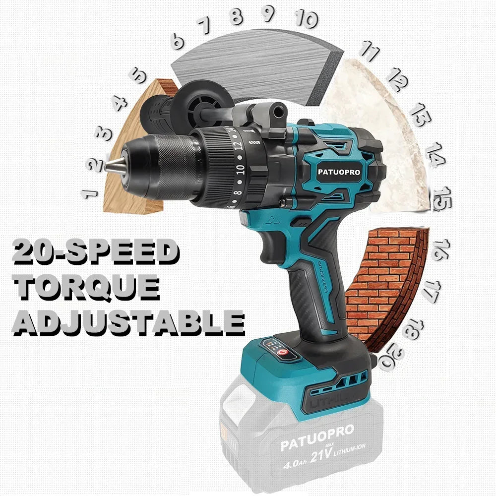 Perceuse à percussion électrique sans balais 220 N.m, perceuse à main sans fil 13 mm, outil de forage à percussion 3 fonctions pour batterie Makita 18V