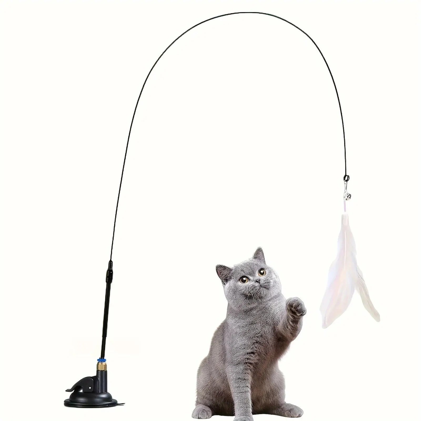 A cat toy with a suction cup base, a flexible rod, and a feather attachment.