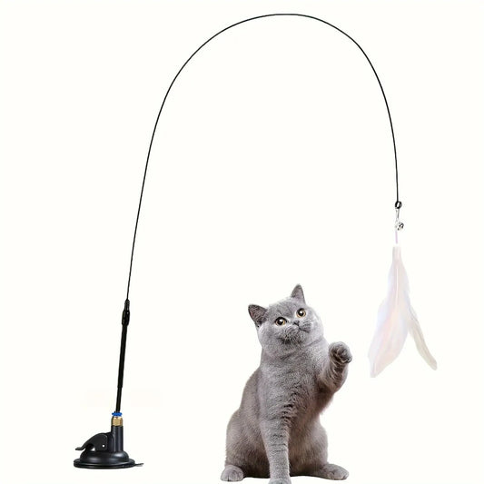 A cat toy with a suction cup base, a flexible rod, and a feather attachment.