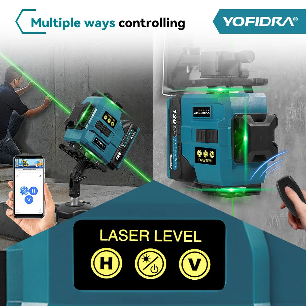 YOFIDRA 16 Lijnen 4D Laserwaterpas Zelfnivellerend 360° Horizontaal Verticaal Nivelleergereedschap met 1M Statief voor Makita 18V Accu Pin