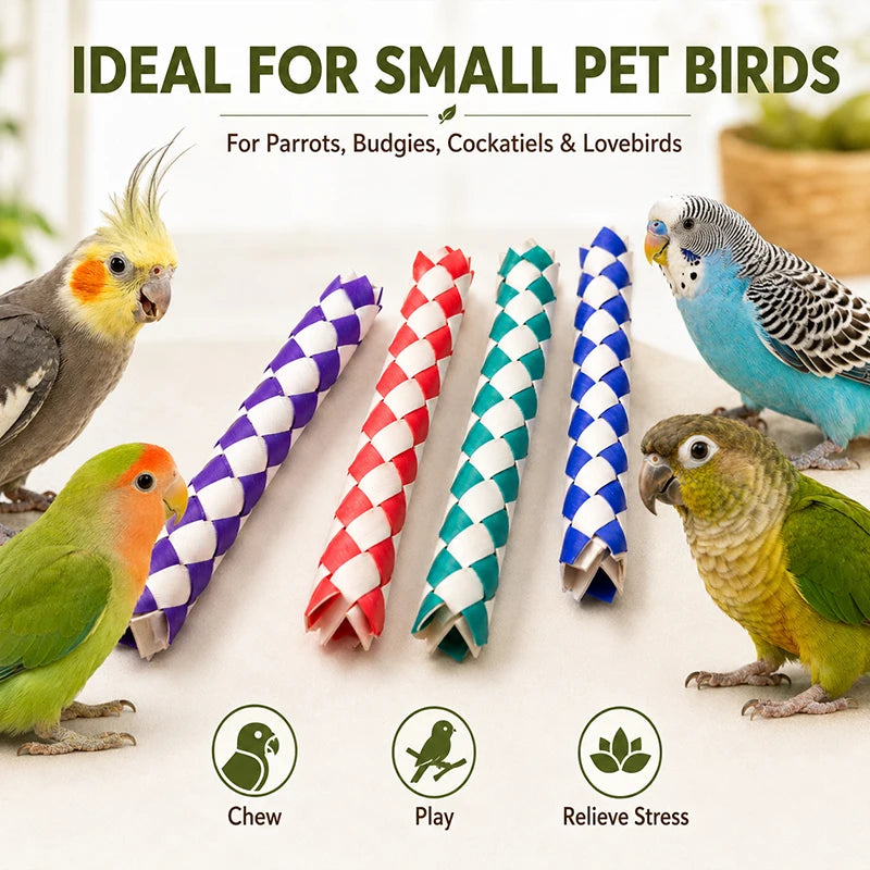 4PCs Bamboo Bird Chew Toys Woven Parrot Bite Toy Colorful Bird Cage Accessories for Budgies Cockatiels Parakeets Beak Grinding