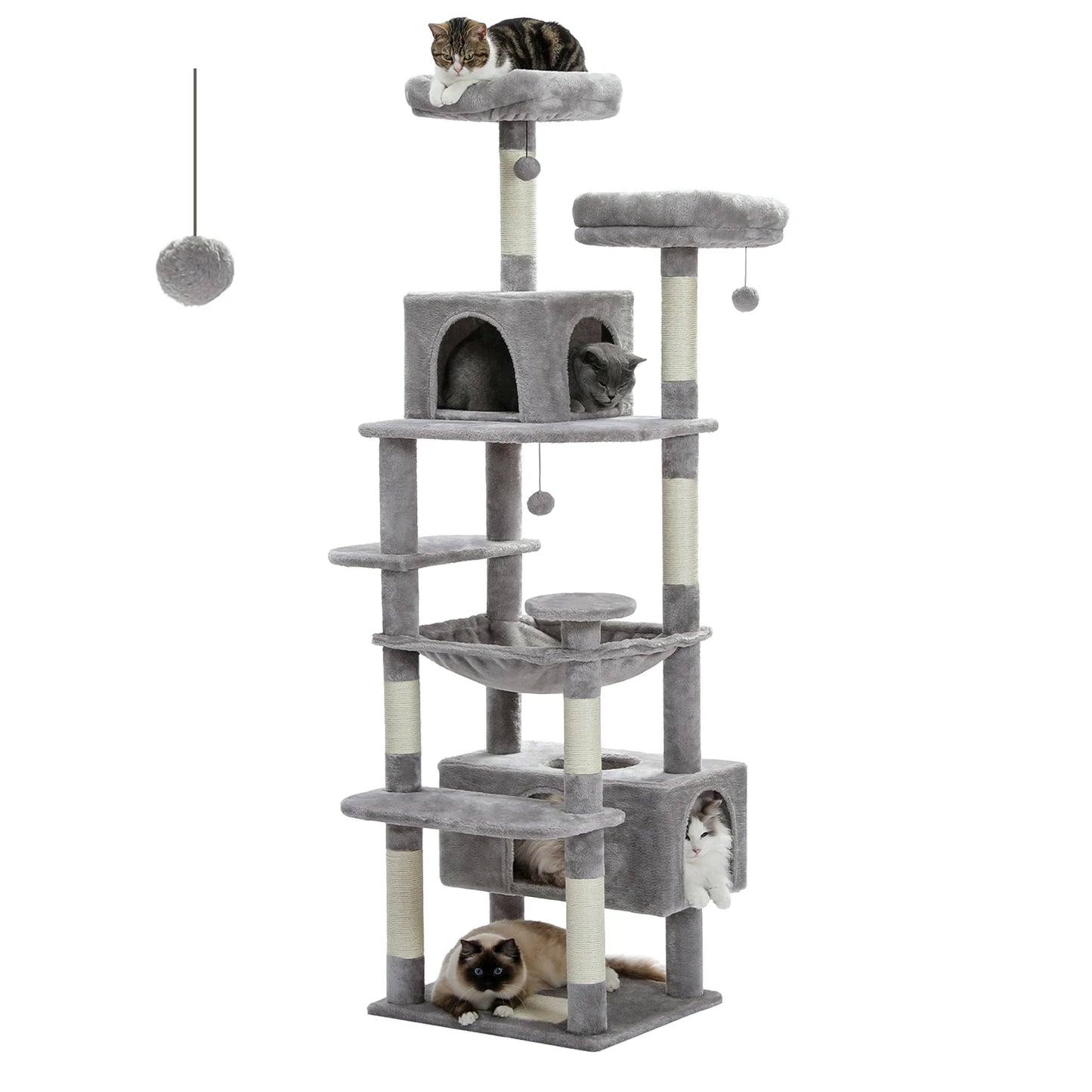 Multi-level gray cat tree with multiple scratching posts, platforms, enclosed spaces, and dangling toys.