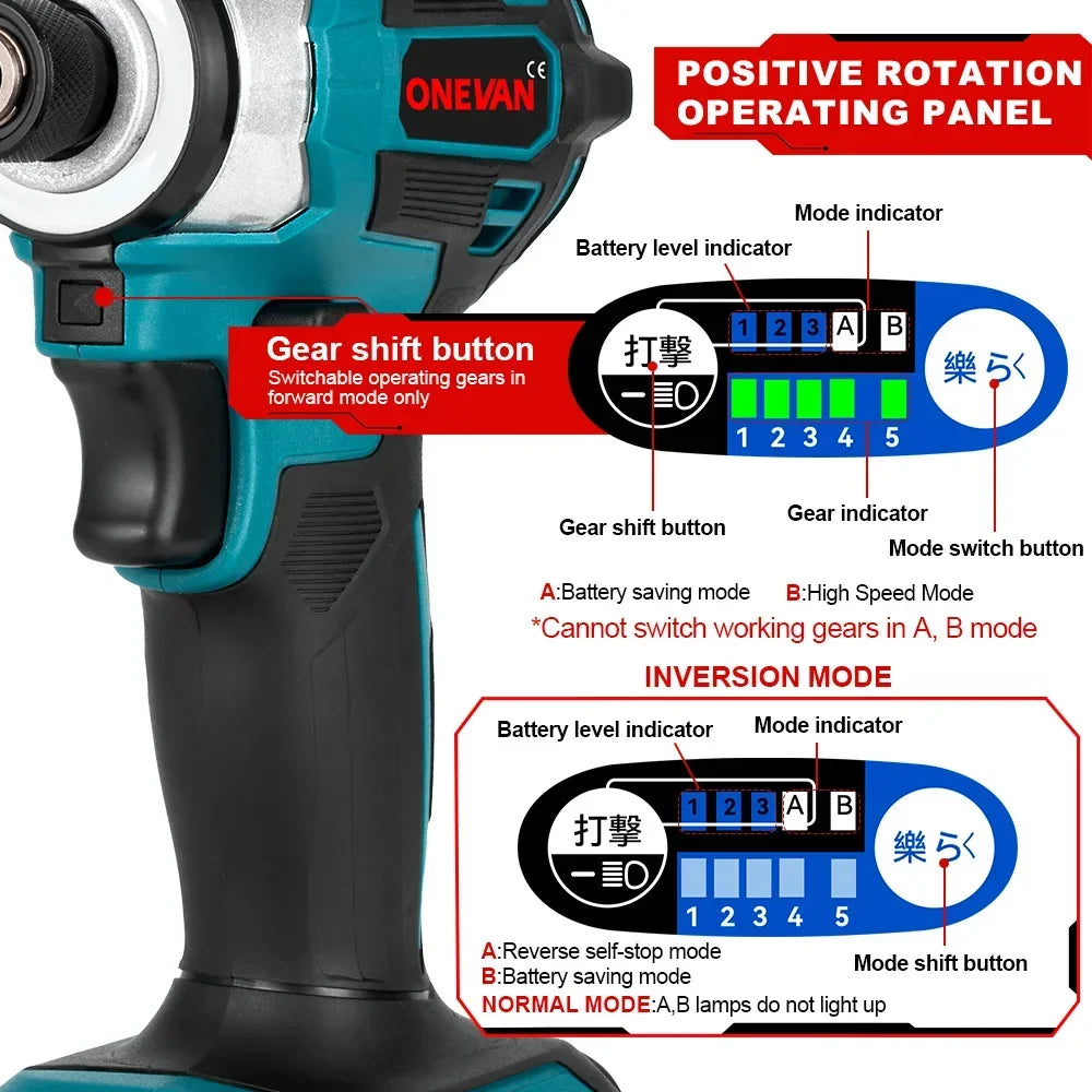 Visseuse à percussion électrique sans fil ONEVAN 600 N.m, 5 vitesses, compatible batterie Makita 18V