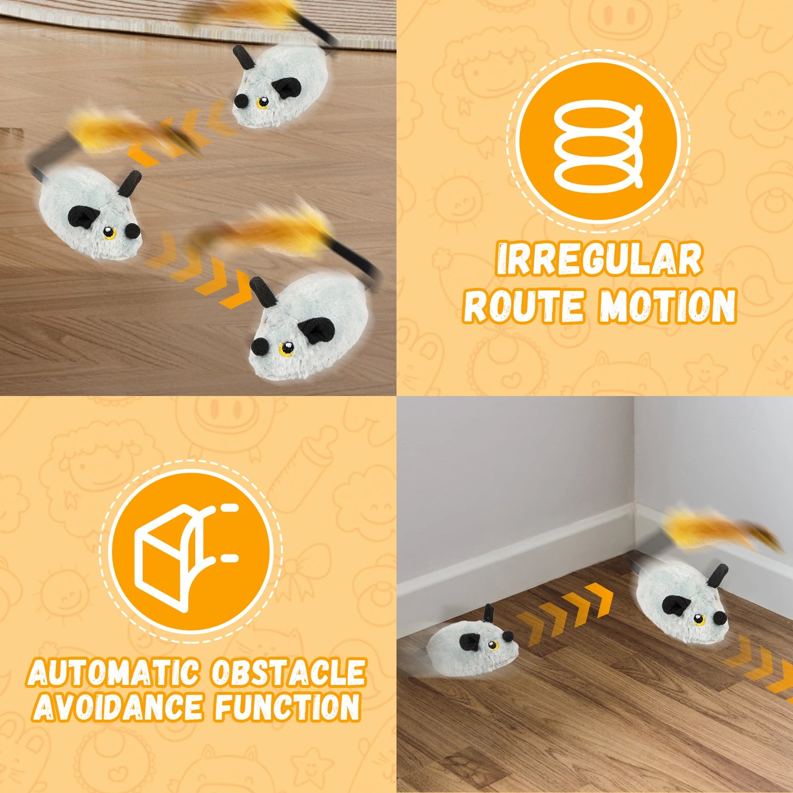 Robotic toy mice with irregular route motion and automatic obstacle avoidance.