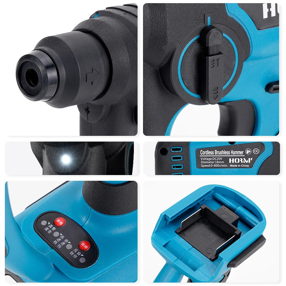 A cordless brushless hammer drill with various detailed views.