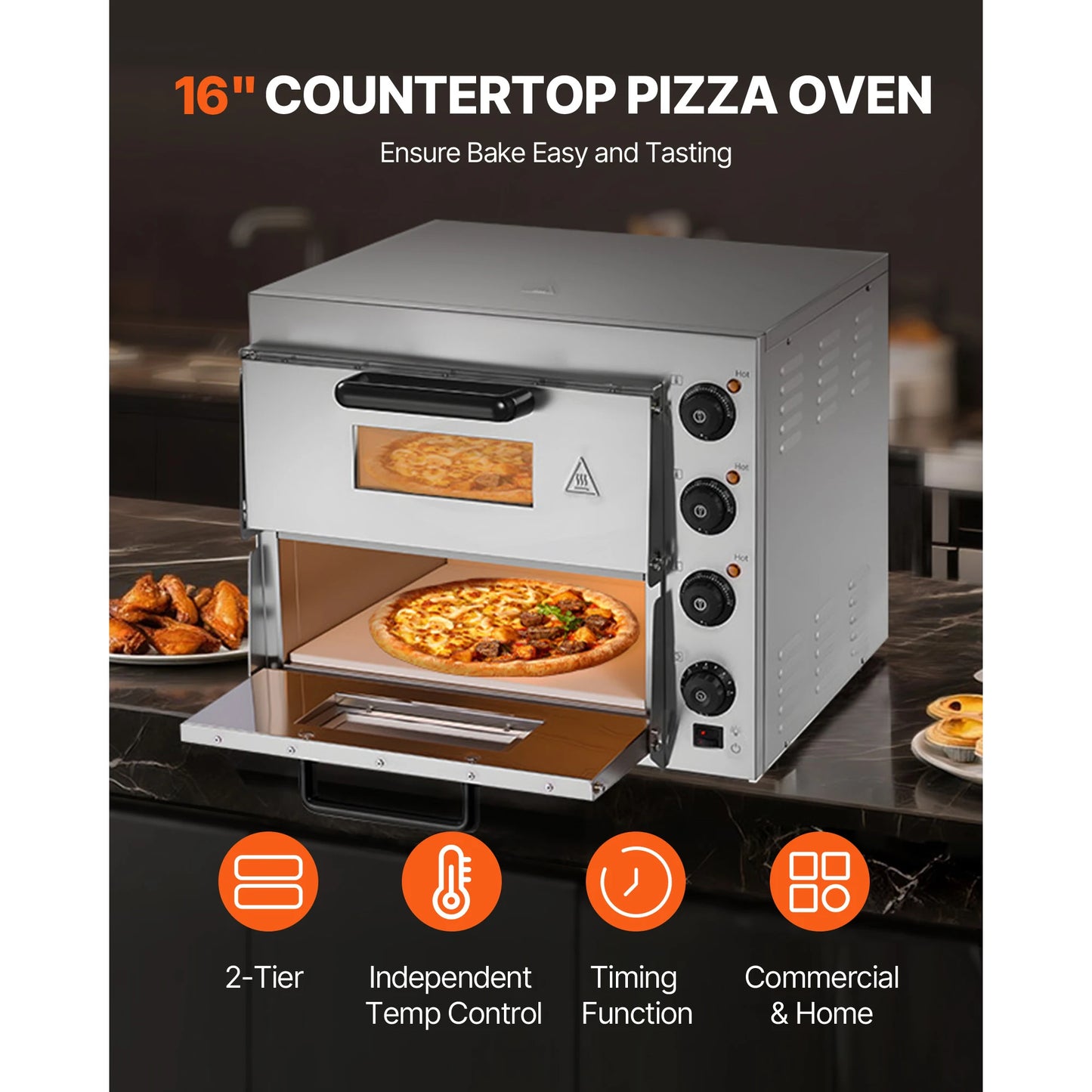 Succebuy Commercial Pizza Oven Countertop Double Deck Layer Stainless Steel Electric& Handle for Restaurant Home
