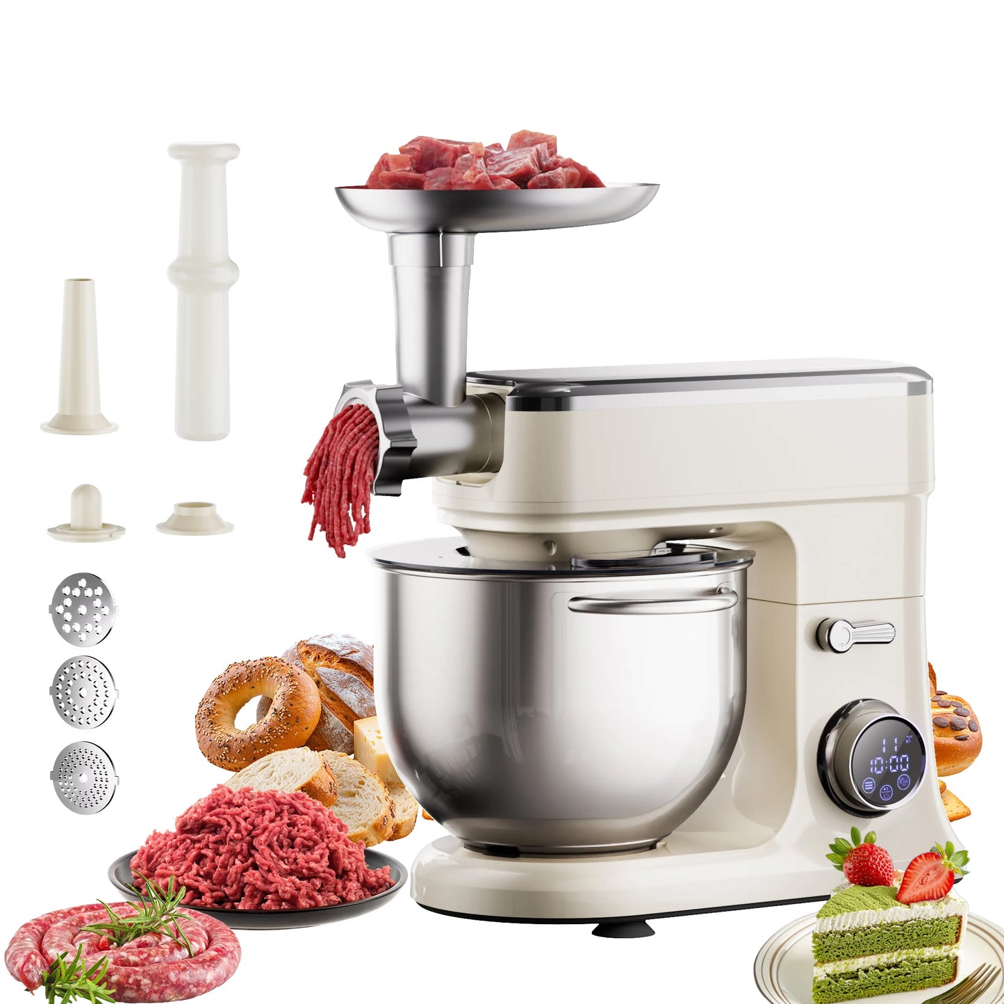 BioloMix 7L Food Mixers for Baking, 1200W DC Motor Stand Mixer, with Dough Hook, Whisk & Beater, Meat Grinder Attachment