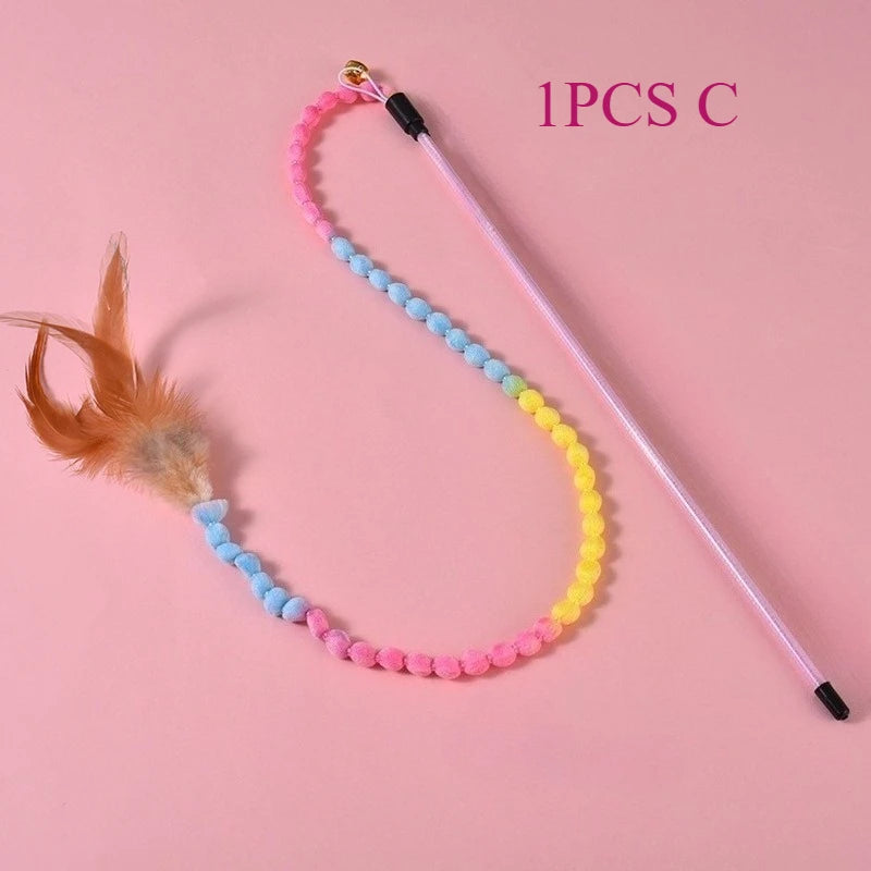 Lot de 3 jouets interactifs pour chat, canne à pêche arc-en-ciel pour chats et chatons d'intérieur, jouet teaser coloré avec ficelle, peluche et plumes