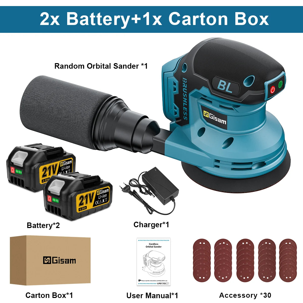 Gisam Brushless 3Gear Electric Orbital Sander 125MM Cordless Grinding Sanding Polishing Machine Dust Collection Woodworking Power Tool For Makita 18V Battery Pin