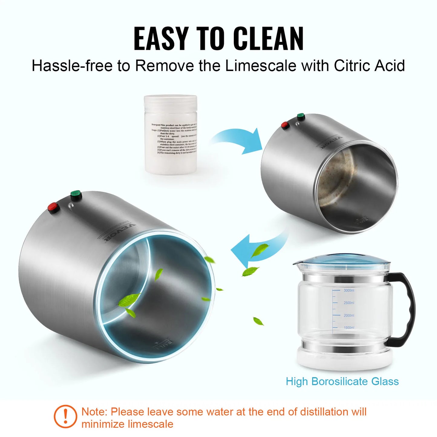 Succebuy Water Distiller 4L 1.05 Gallon Pure Water Purifier Filter For Home Countertop750W Distilled Water Maker Stainless Steel