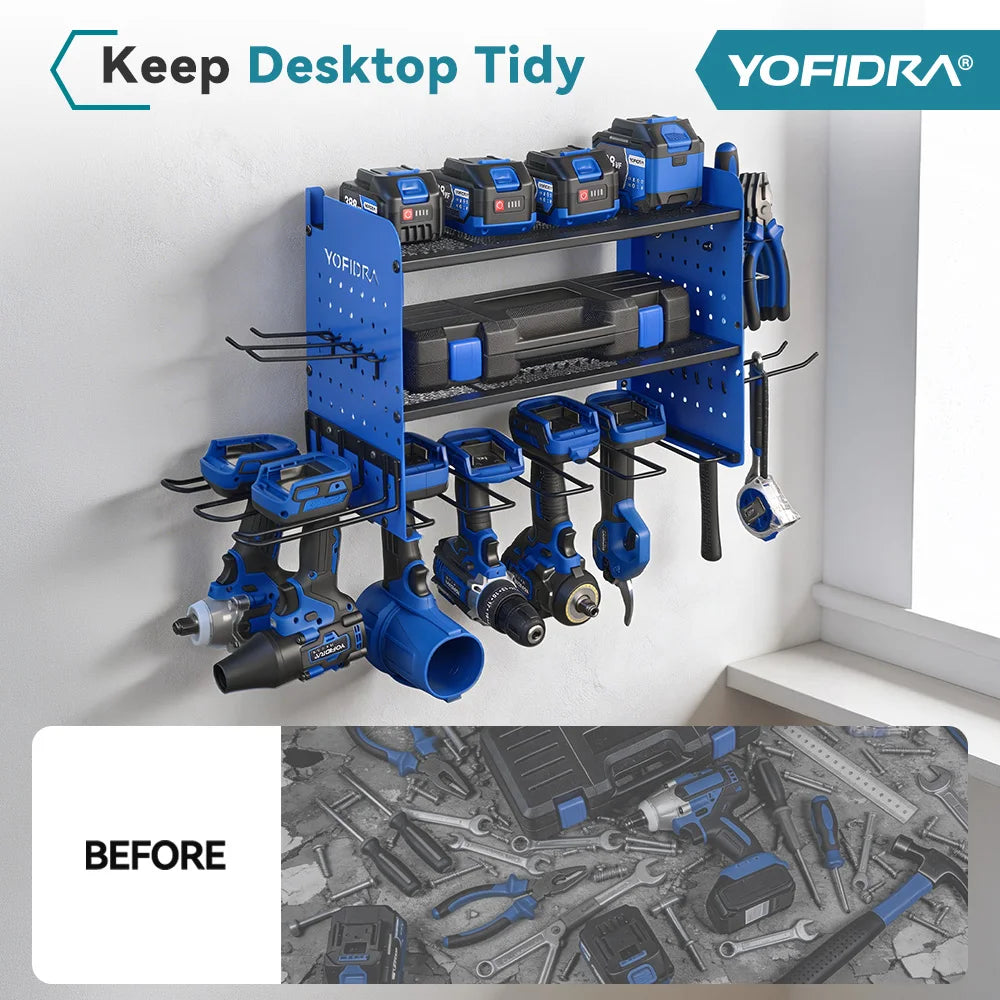 YOFIDRA 3-laags elektrisch gereedschap-organizer wandmontage robuust metalen gereedschapsschap boormachine-hanger opslag gereedschapshouder voor werkplaats-gaatjesbord