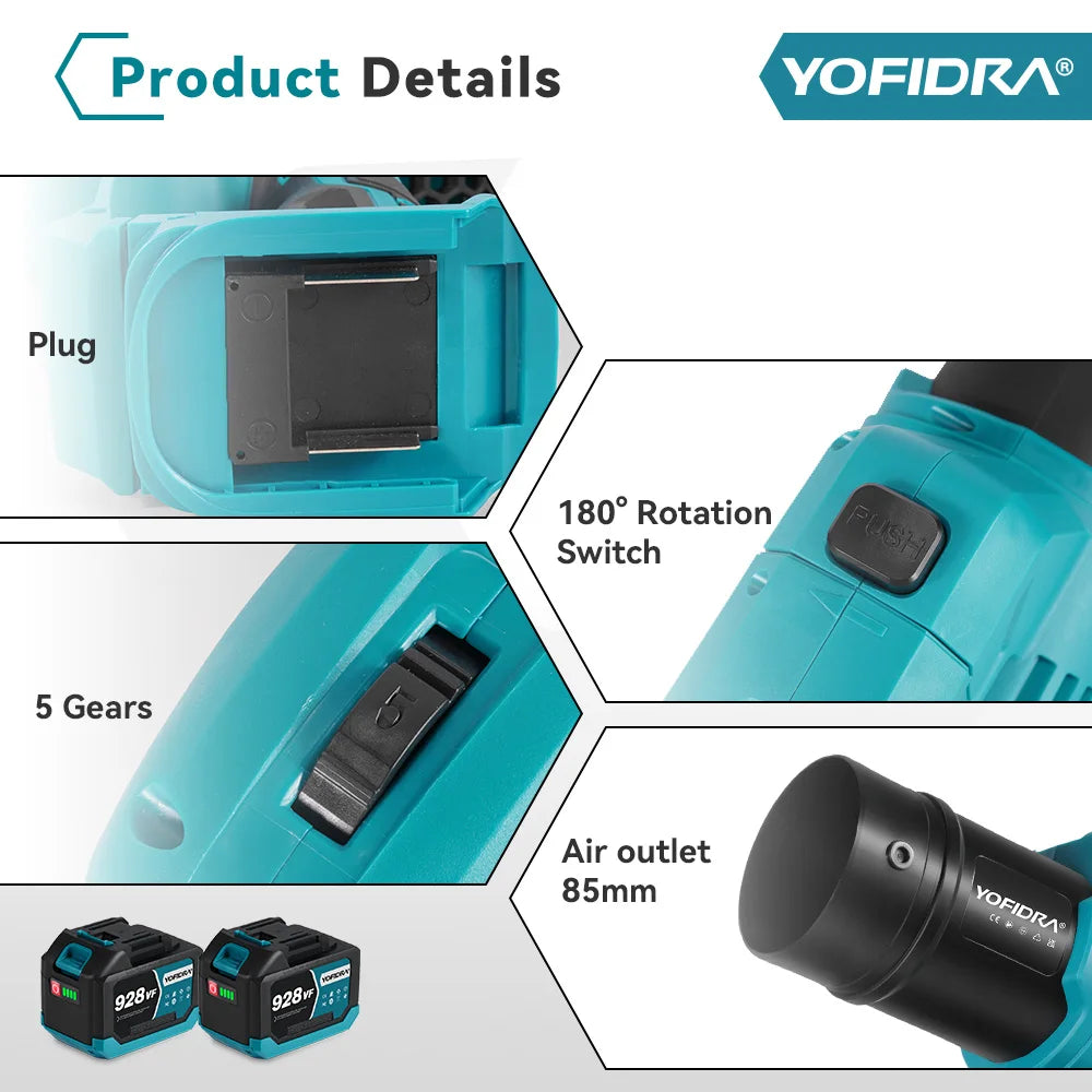 Souffleur turbo électrique sans balais 2-en-1 YOFIDRA 1500 W, 5 vitesses, pour feuilles, neige et poussière, outil de nettoyage de jardin compatible avec batterie Makita 18 V