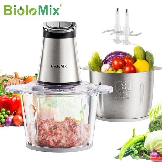 BioloMix Mini Electric Food Chopper, 300W, features 2 bowls and 4 blades, perfect for preparing baby food, meat, and onions