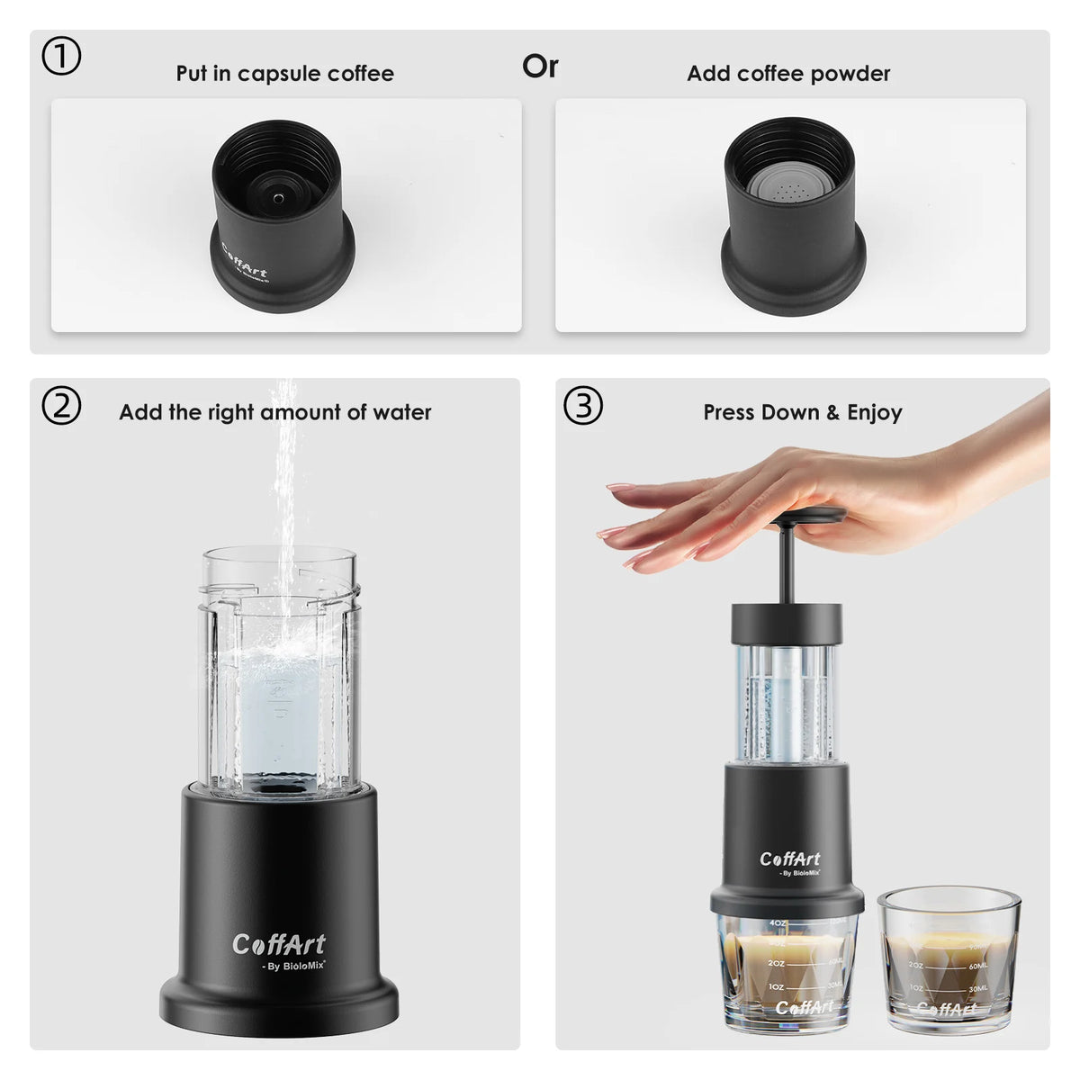 Cafetière portable 2-en-1 BioloMix, machine à espresso chaud/froid pour capsules NS et café moulu, presse manuelle