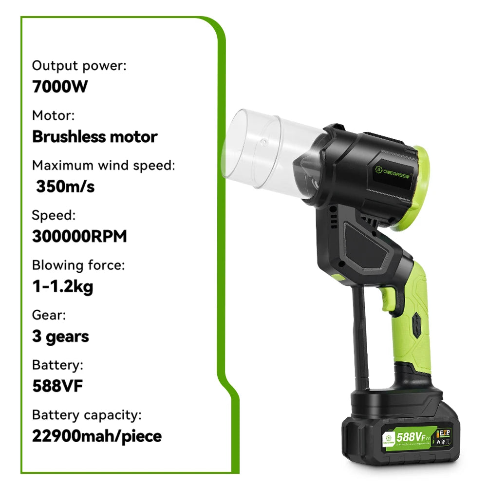 ONEGREEN 7000W Brushless Cordless Electric Turbo Blower 2IN1 Leaf Dust Snow Blowing Cleaning Tool For Makita 18V Battery pin